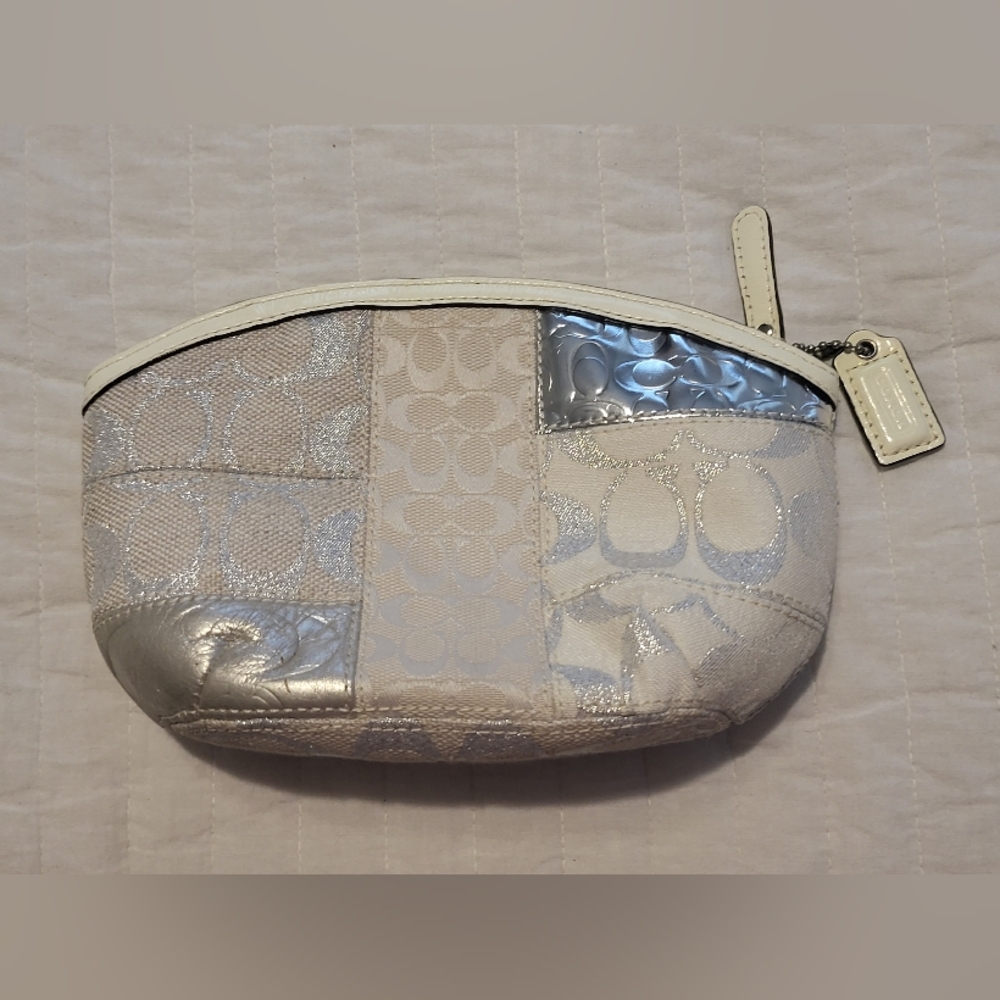 Coach Vintage Cosmetic Bag Patchwork White Metallic Canvas Leather